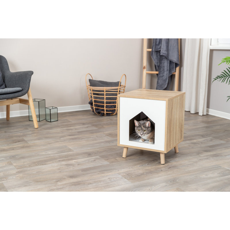 Modern Oak and White Cat Condo Side Table with Cushion