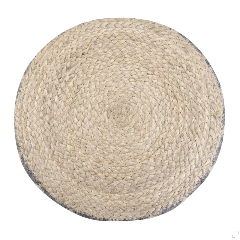 Pouf rond de 18 pouces de largeur en jute et coton tissés à la main gris et naturel