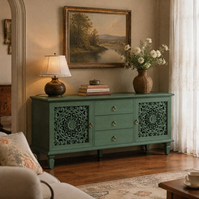 Farmhouse TV Stand, Vintage Hollow Carved Sideboard Buffet Storage Cabinet with 3 Drawers & Adjustable Shelves, Freestanding Console Table for Living Room Dining Room Entryway