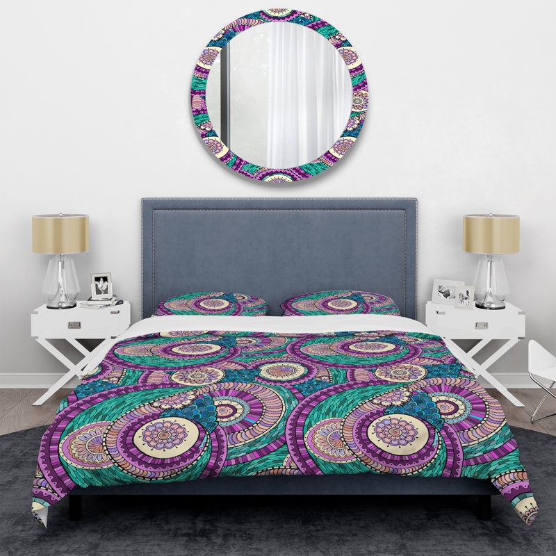 Ensemble de housse de couette à motif cachemire mauve et vert, Housse de couette pour grand lit et 2 taies décor