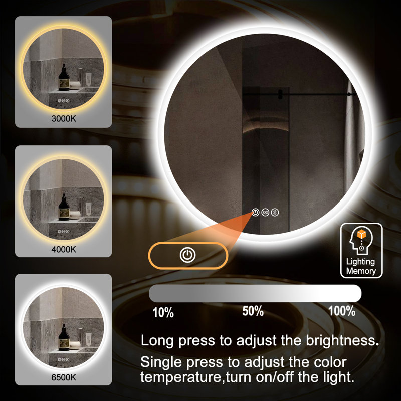 Epperly Round Lighted Wall Mounted Bathroom Mirror, 80cm H x 80cm W