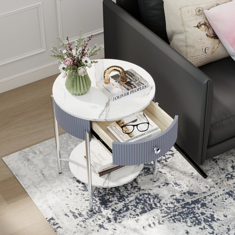 Woodville Side Table with Storage, Chrome, Calacatta White