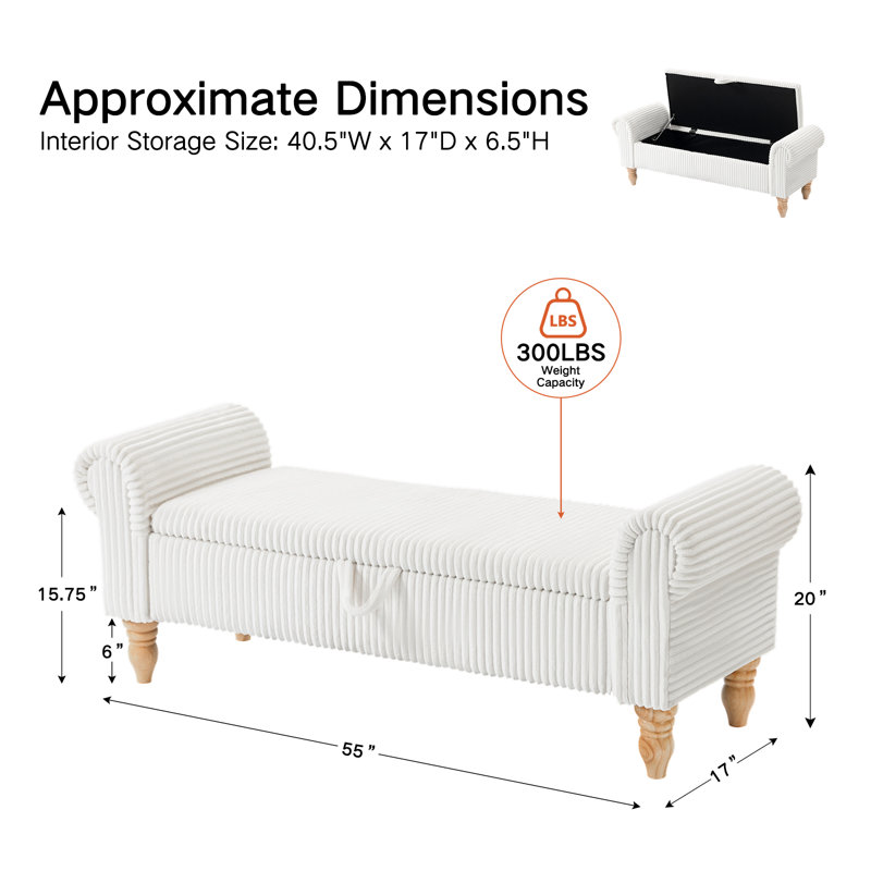 Dawsey Upholstered Storage Bench, White, 20" H x 55" L x 17" D