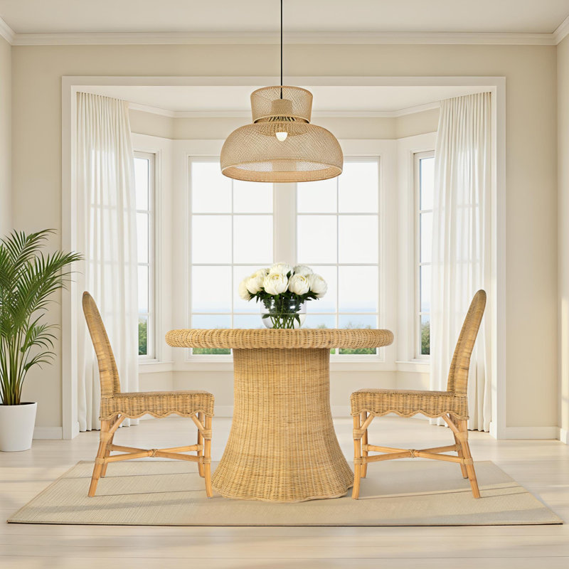 Bonita 42 in. W Round Rattan Dining Table with Glass Top