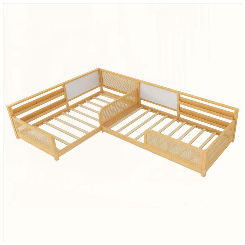 Structure de lit simple en L pour 2 enfants, lits convertibles détachables avec tableaux blancs, lit pour enfants en rotin avec étagères et lumières