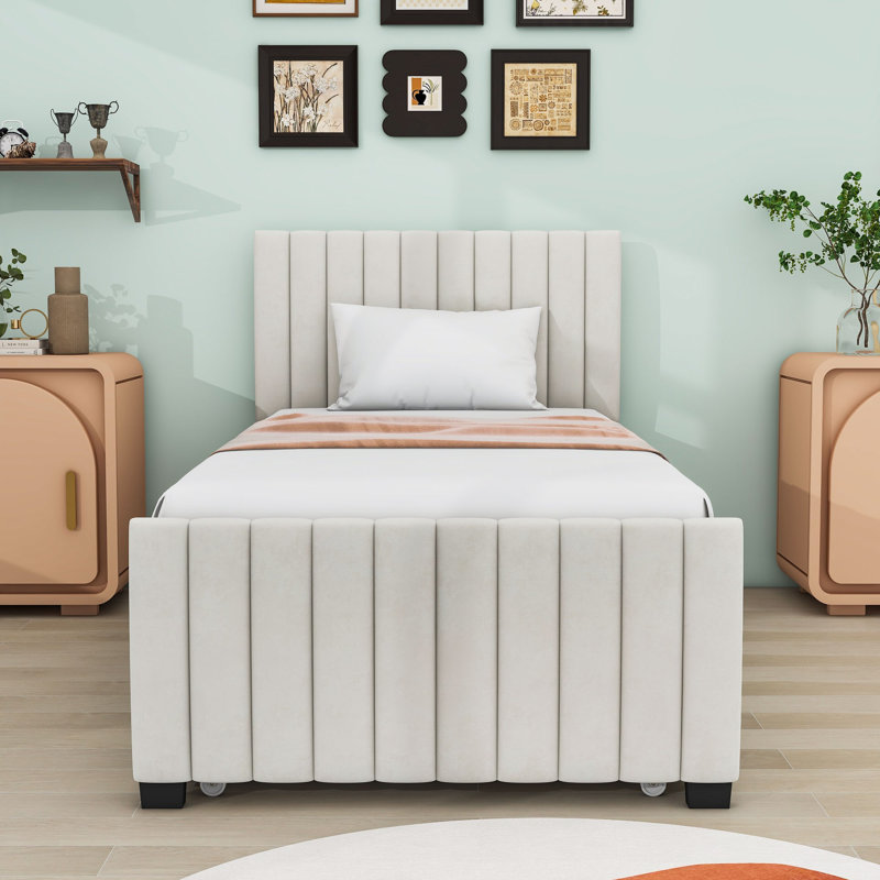 Twin Upholstered Platform Bed with Trundle, Beige
