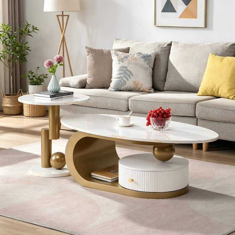 Ensemble de 2 tables basses gigognes avec tiroir, Gold