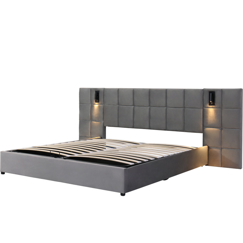 Platform Bed Frame With Wide Headboard, Reading Lamp And Usb Port, Super King (6')