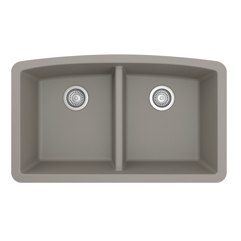 Karran Quartz 32-1/2'' X 19-1/2'' Double Bowl 50/50 Undermount Kitchen Sink Kit, Concrete