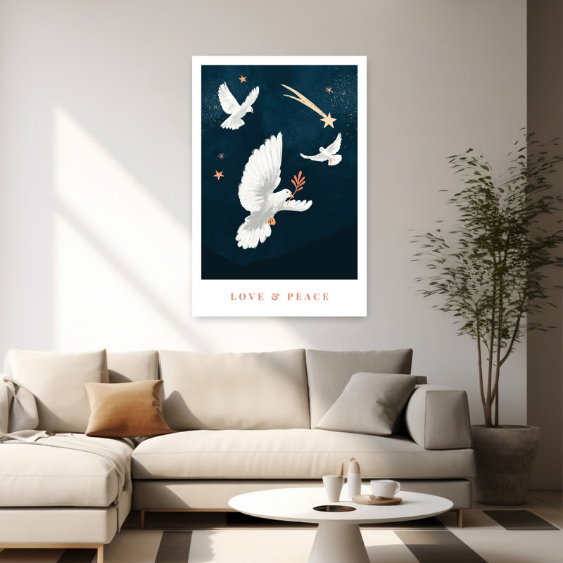 Amour et paix - Affiche murale abstraite contemporaine représentant un oiseau, un paysage et une architecture - Oiseaux
