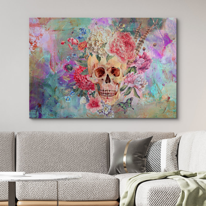 Vie et mort - Fleurs de crâne sur art floral abstrait sur toile, reproduction d'art mural, H 12 po x l 18 po x P 1,5 po