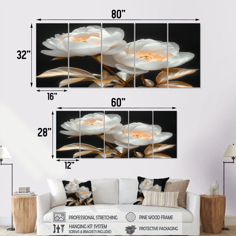 Ensemble de reproductions d'art transparentes et élégantes, pivoines et or blanc III, H 32 po x l 80 po