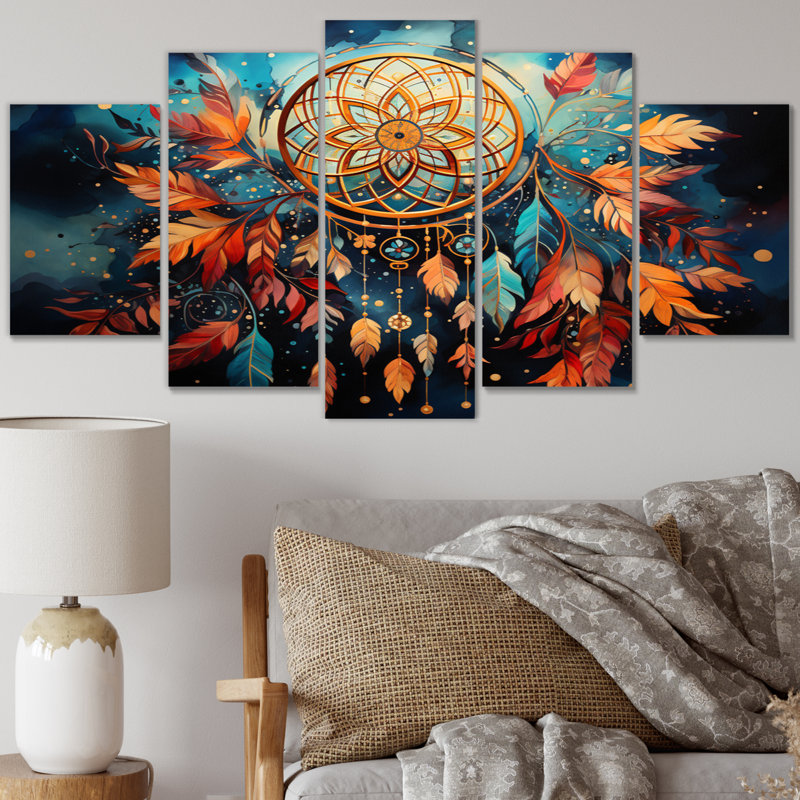 «Gold Dream Catcher Expressive Dreams II» - ensemble d'art mural spirituel en métal