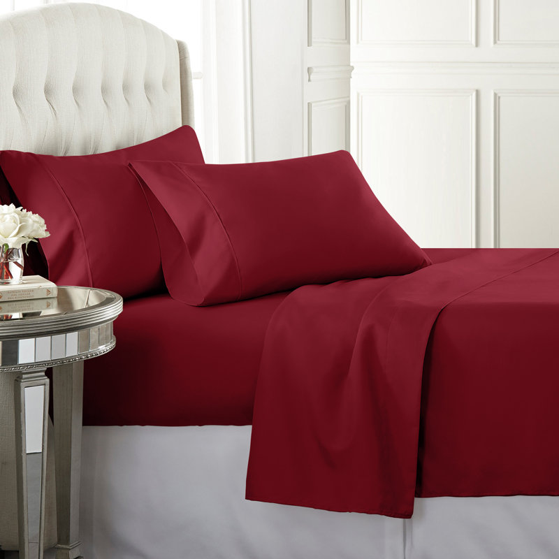  Ensemble de draps en satin de coton de qualité égyptienne, Ensemble de draps pour lit simple TG avec drap-hou, Bourgogne