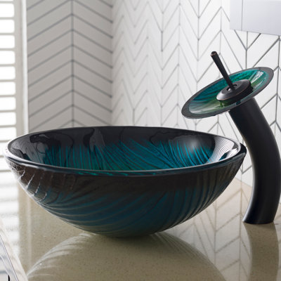 Kraus Nei Glass Bathroom Vessel Sink and Waterfall Faucet Set with Pop-Up Drain