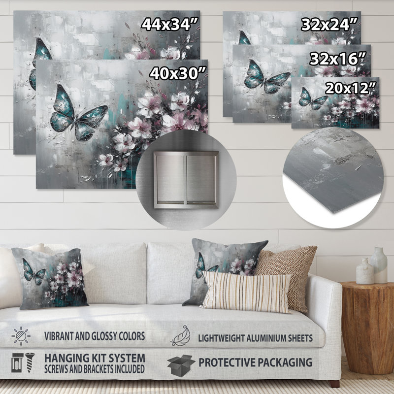 Fleurs avec papillons, peinture III sur métal, H 34 po x l 44 po