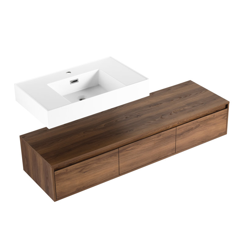 Commode de salle de bain 60 po avec lavabo en résine - Lavabo de meuble-lavabo mural élégant et fonctionnel, 105,11 lb, moderne