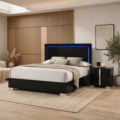 Ensemble de chambre à coucher pour très grand lit 2 pièces, noir piano, argent chromé, bois chromé, table de chevet