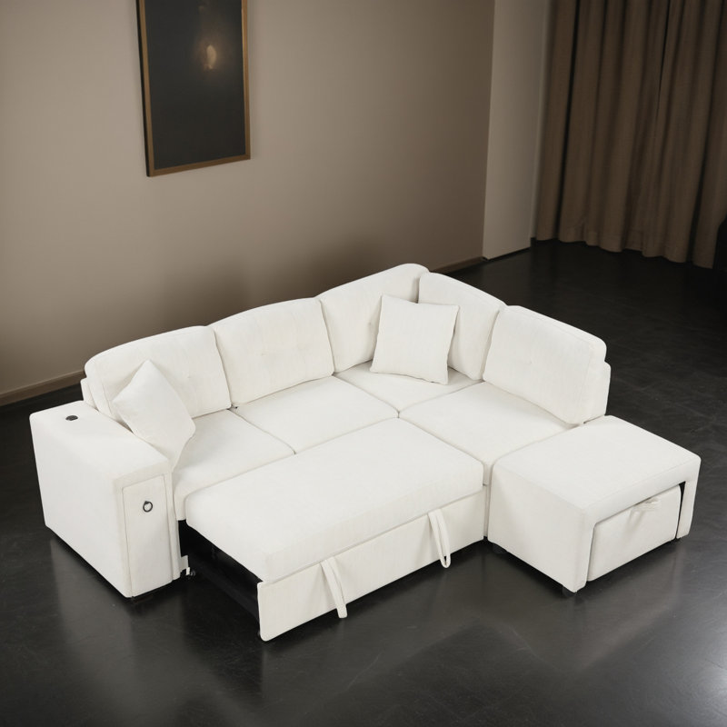 Canapé-lit modulaire convertible de coin en L 87 po avec repose-pieds, Chenille beige