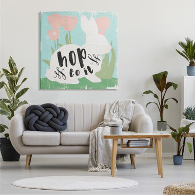 " Hop to It Easter Bunny Phrase Spring Tulips " Painting