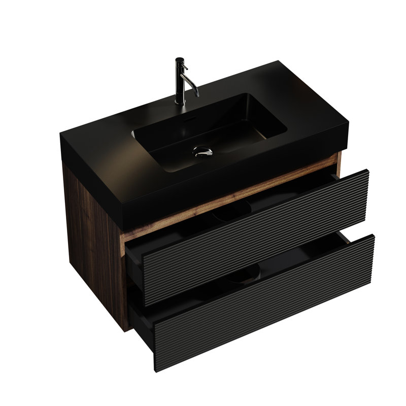 Meuble-lavabo de salle de bain moderne avec panneau grillagé noir et armoire en noyer, charnières murales au fini noyer, design