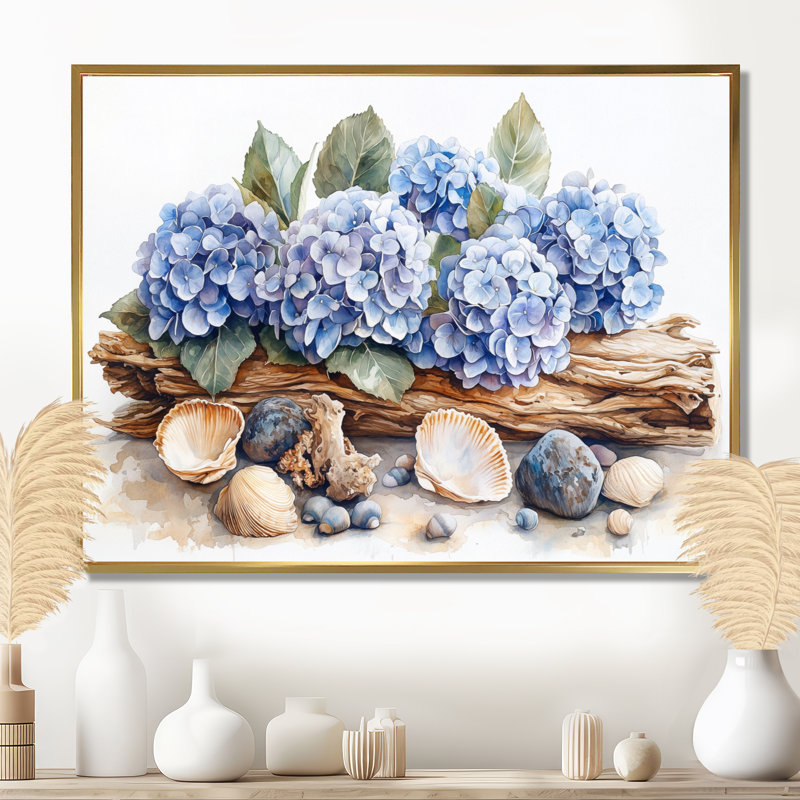 Domoni hortensias et bois flottant, H 34 po x l 44 po, Impression encadrée flottante, Doré