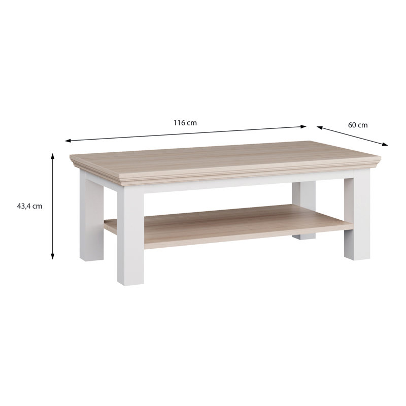 Rosswell Modern cottage style coffee table with open shelf, engineered wood, dark grey/light oak decor, 116 cm W x 43.4 cm H x 60 cm D