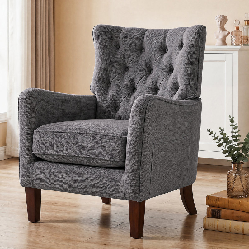 Button-Tufted Horn-Back Armchair, Accent Chair with Padded Cushion, Side Pocket and Solid Wood Legs, Gray