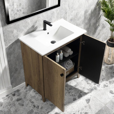 Meuble-lavabo peu encombrant avec lavabo en céramique, gris antique, facile à assembler