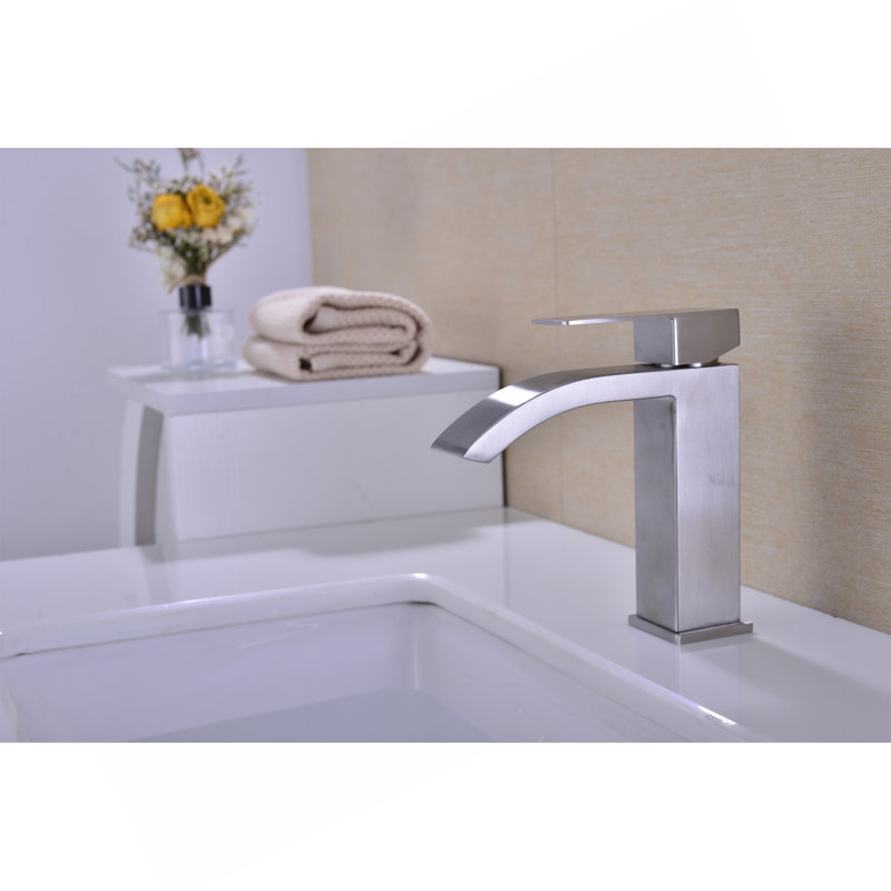Robinet de lavabo de salle de bain à poignée simple avec bonde escamotable Waterfall, Nickel brossé