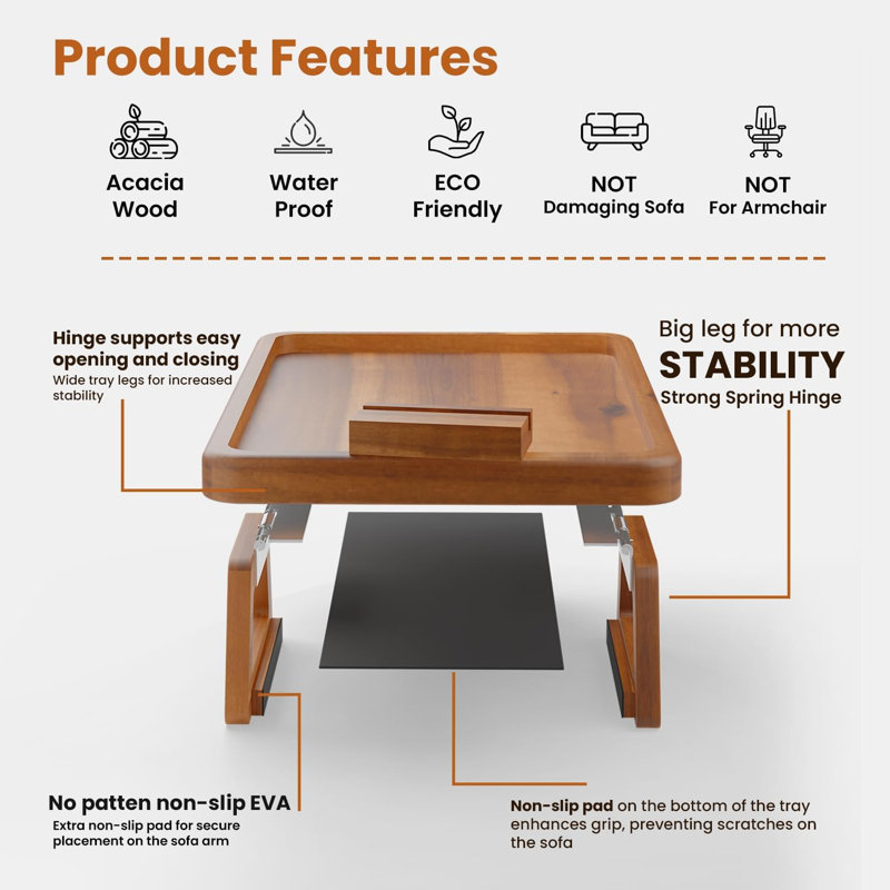 Grande table avec accoudoirs 15,7 po x 11 po avec support pour téléphone 360 °
