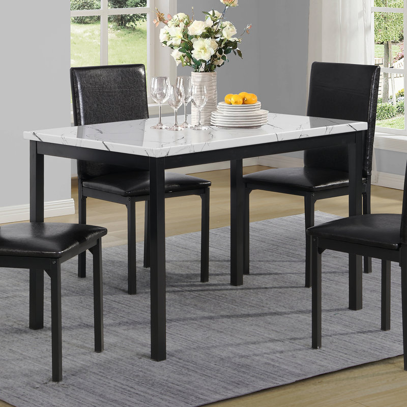 Table de salle à manger en métal avec plateau en faux marbre stratifié, blanc cassé