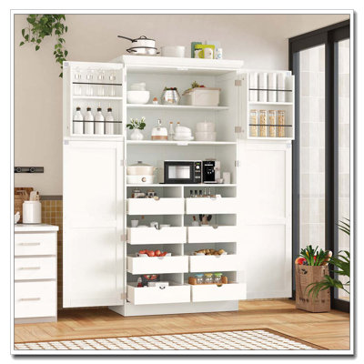 Freestanding Kitchen Pantry Tall Storage Cabinet with Trays