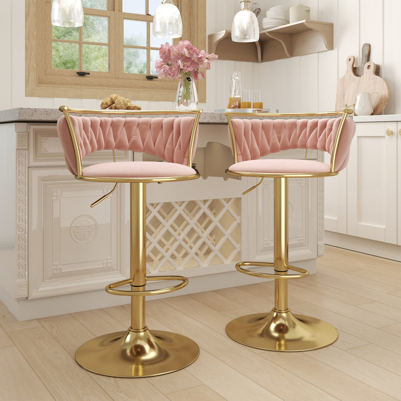 Cvetil Swivel Upholstered Adjustable Height Counter Stool with Metal Frame, Pink, 2