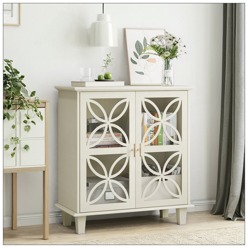 Buffet, armoire de salle de bain autoportante avec portes en verre trempé, console de cuisine rétro moderne, armoire de rangement décorative à 2 portes, couleur crème