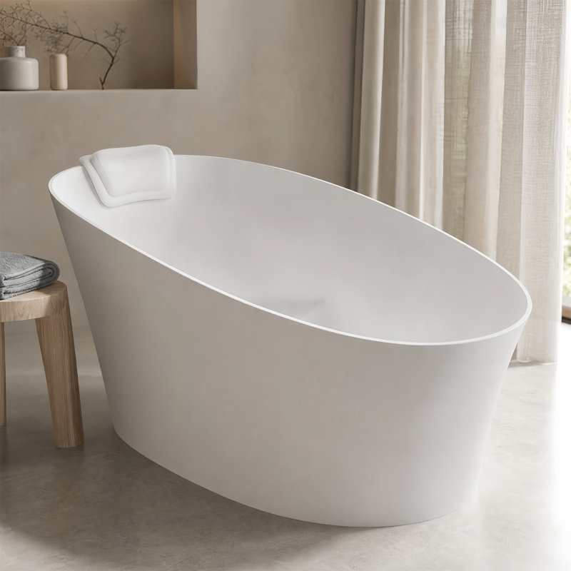 Ergonomic Solid Surface Freestanding Soaking Tub, Stone Resin, Deep Soak, Headrest & Lumbar Support, White