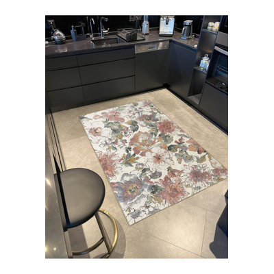 Pink Beige Themed Floral Flower Patterned Creative Modern Decorative Machine Washable Rug