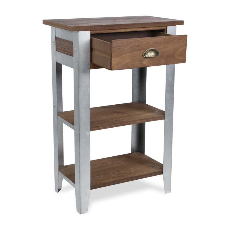 Table d'appoint en bois et en métal rustique Temba, 1 tiroir et 2 tablettes, de style campagnard avec pieds en acier
