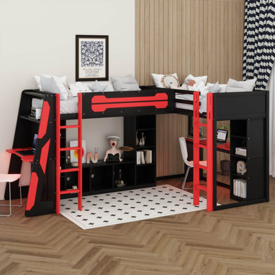 Lit mezzanine simple en forme de L avec 2 bureaux, meuble télé avec rangement et lumières DEL RVB, lit mezzanine en bois avec tablettes de rangement et ports USB