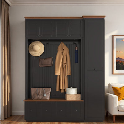 5-in-1 Hall Tree With Bench, Coat Rack, Drawers, Cabinets And Extra-large Side Storage Space