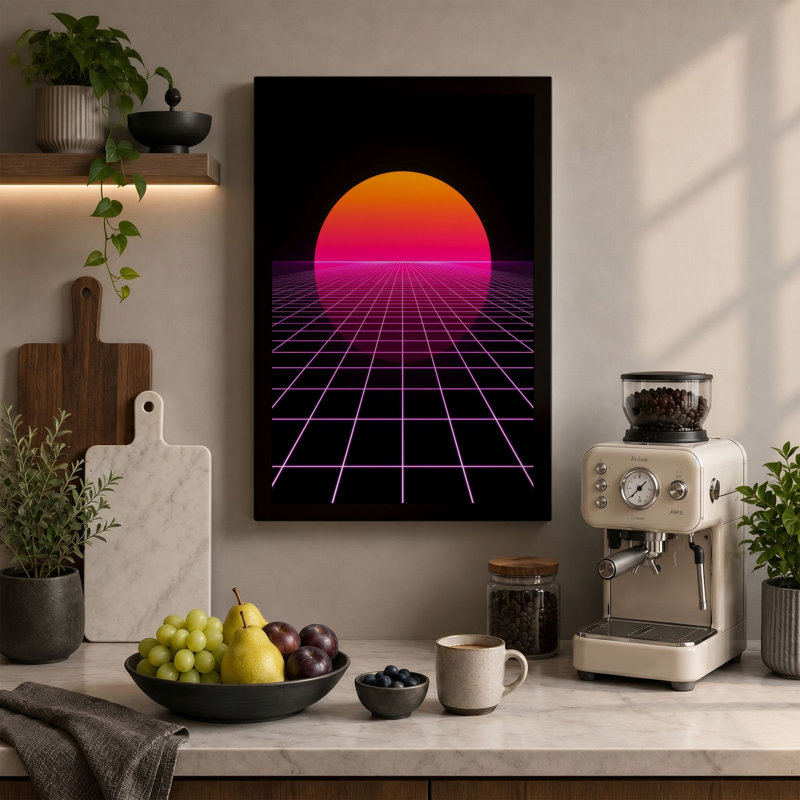 Neon Horizon Retro - Wrapped Canvas, 36x24 - 91.4 x 61.0 cm, Ochre Border