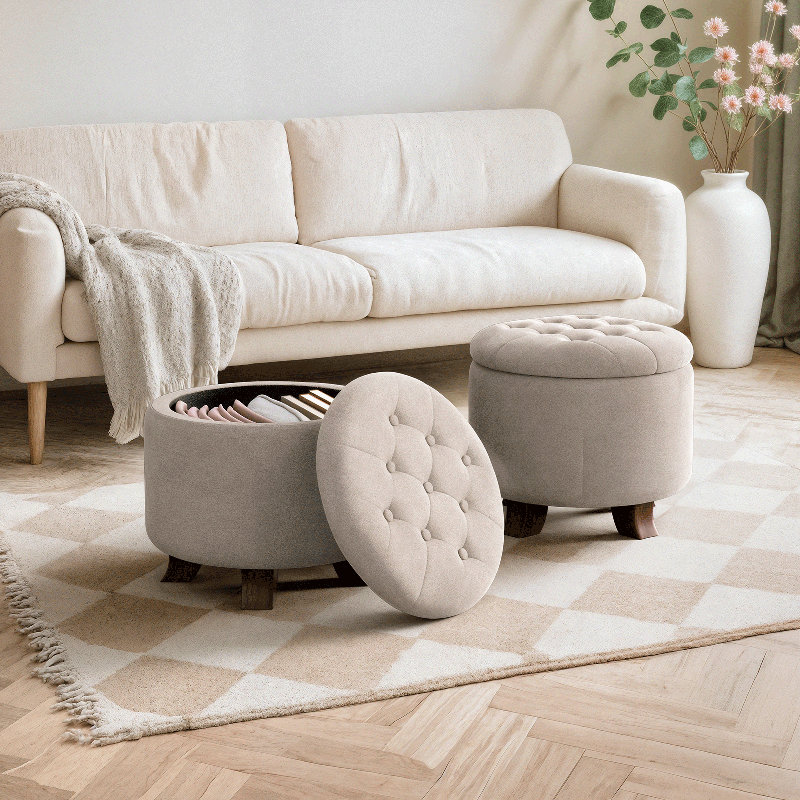 Upholstered Storage Ottoman Bench, Tufted Ottoman Footrest Round Footstool Foot Rest for Living Room, Beige