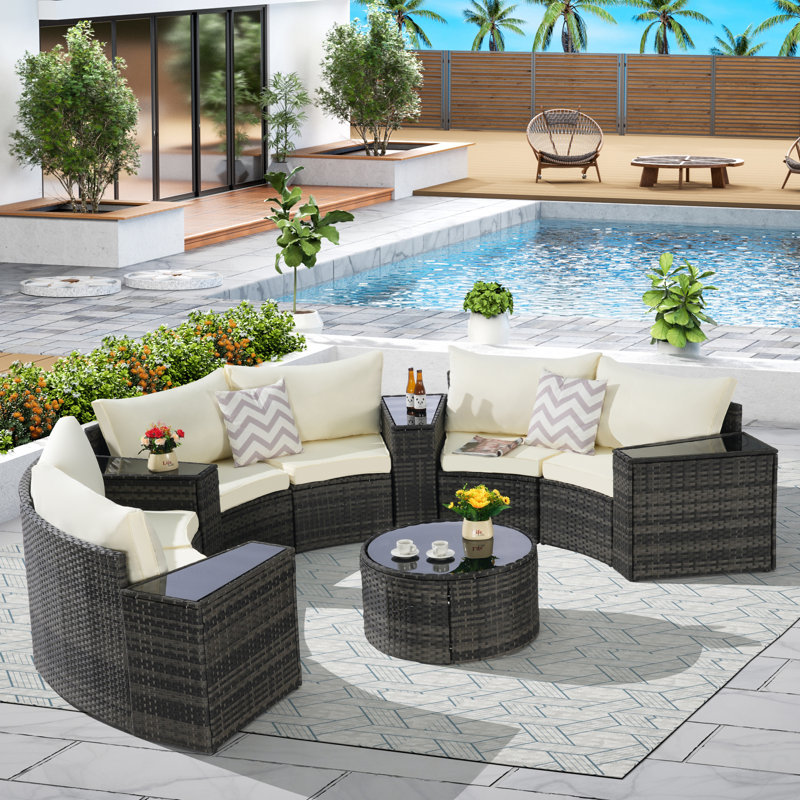 Ensemble modulaire de patio rond en demi-lune 11 pièces avec table basse en verre trempé et osier résistant aux intempéries