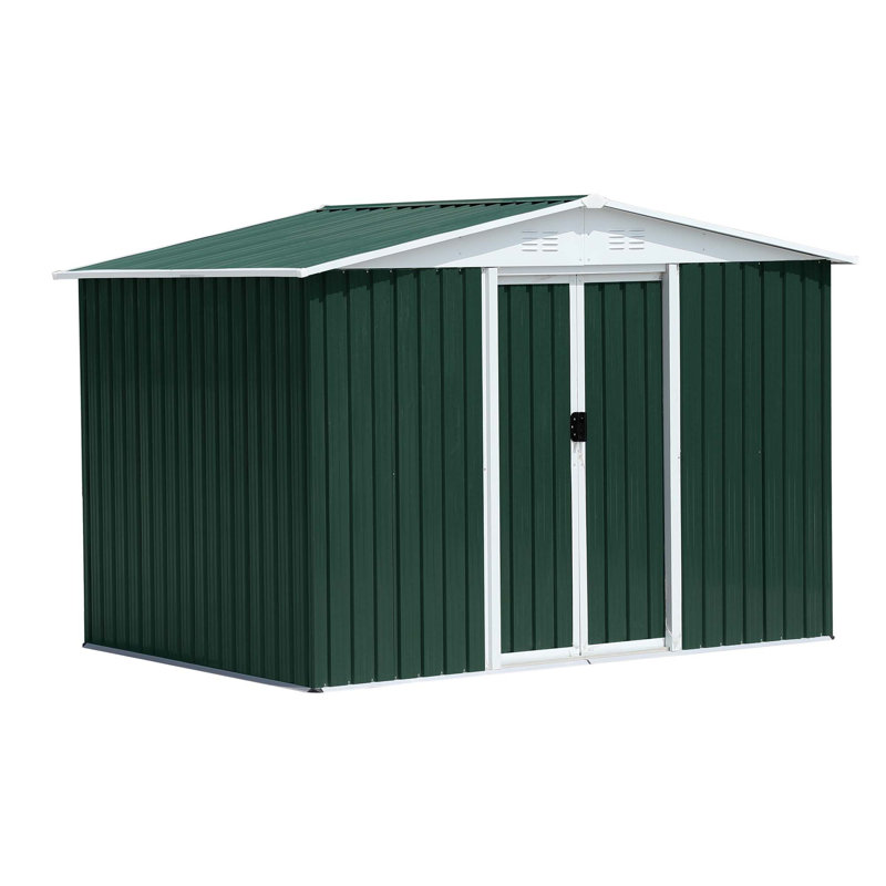 Remise de rangement extérieure 8 pi 6 po, vert, toit Apex, cadre en aluminium, porte coulissante, Vert