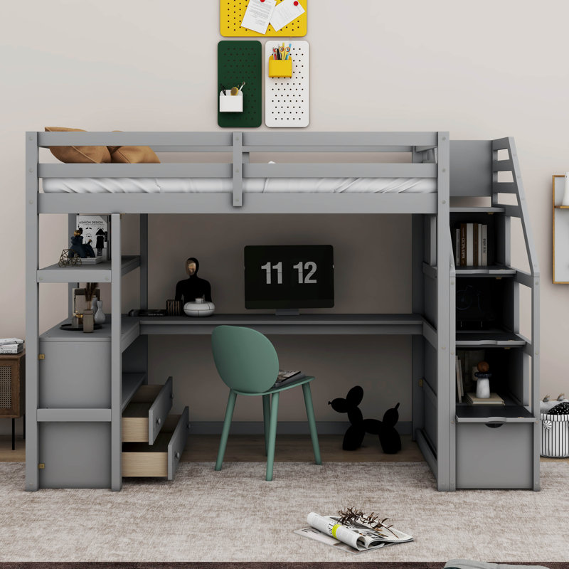 Lit mezzanine simple avec tiroirs Hilderbran Kids, Gris