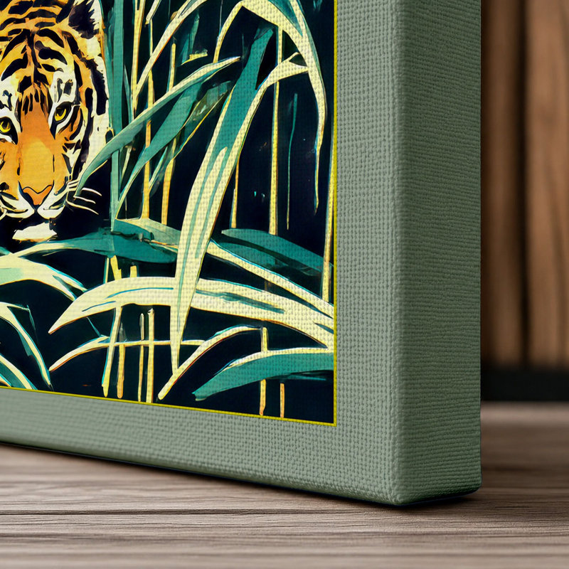 Tiger In Tall Grass Botanical - Print, 24x16 - 61.0 x 40.6 cm, Sage Border