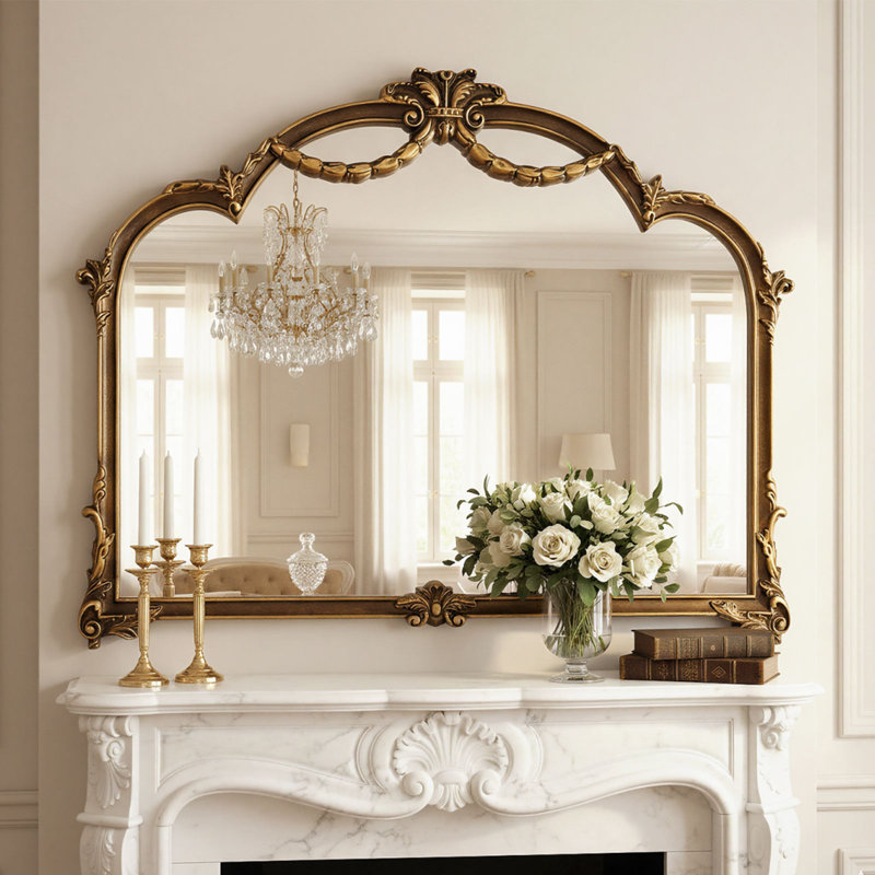 Arch Antique Ornate Wall Mirror with Baroque Metal Frame,Vintage Mirror for Fireplace or Entryway Decor,39x30 inch, Vintage Gold