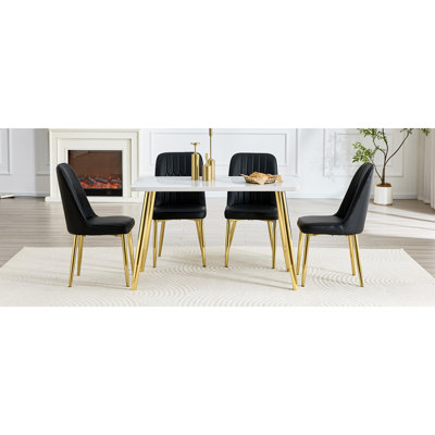 Table And Chair Set.White Imitation Marble Texture Glass Countertop + Lower MDF Board, Metal Tapered Legs.Paired With 4 Black Chairs With PU Artificial Leather Backrest Cushions.