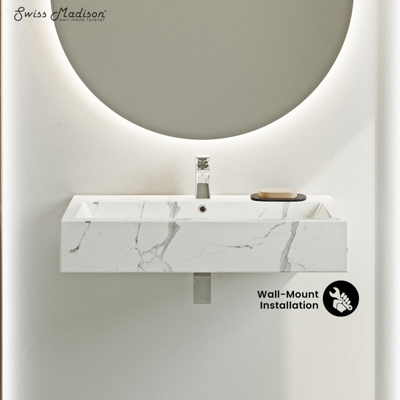 Voltaire 32" Wide Rectangle Ceramic Wall-Mount Sink in White Marble SM-WSM292W1, White Marble