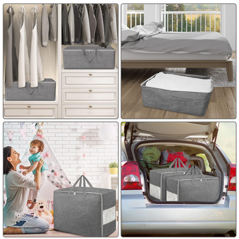 105L Extra Large Storage Bags, Folding Moving Comforter Blanket Storage Bags,Strong Handles&Zippers Clear Window,(Grey/3 Pcs)